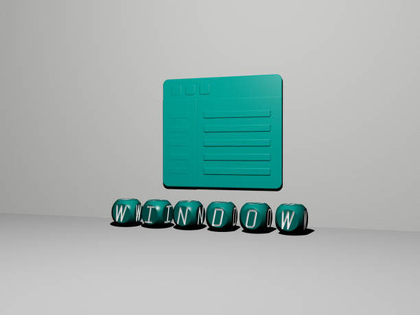 3D representation of window with icon on the wall and text arranged by metallic cubic letters on a mirror floor for concept meaning and slideshow presentation