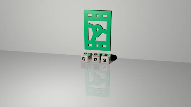 istock 3D representation of GPS with icon on the wall and text arranged by metallic cubic letters on a mirror floor for concept meaning and slideshow presentation. illustration and map 1262818113