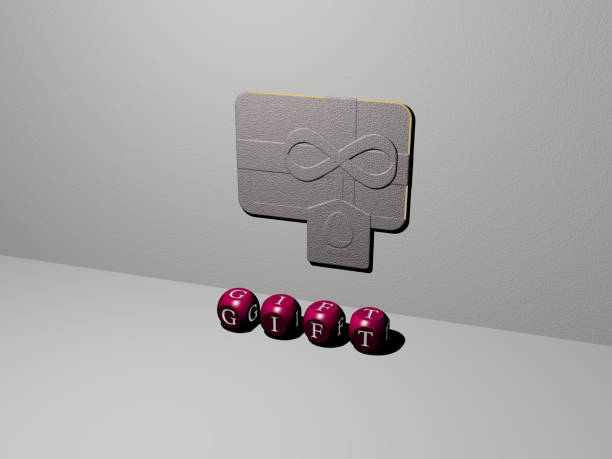 3D illustration of GIFT graphics and text made by metallic dice letters for the related meanings of the concept and presentations representación 3d de gift con icono en la pared y texto dispuesto por letras cúbicas metálicas en un piso de espejo para el significado conceptual y la presentación de la presentación de la presentación de la presentación. fondo e ilustración