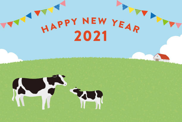 2021年の牛の新年カード - 牧場点のイラスト素材／クリップアート素材／マンガ素材／アイコン素材
