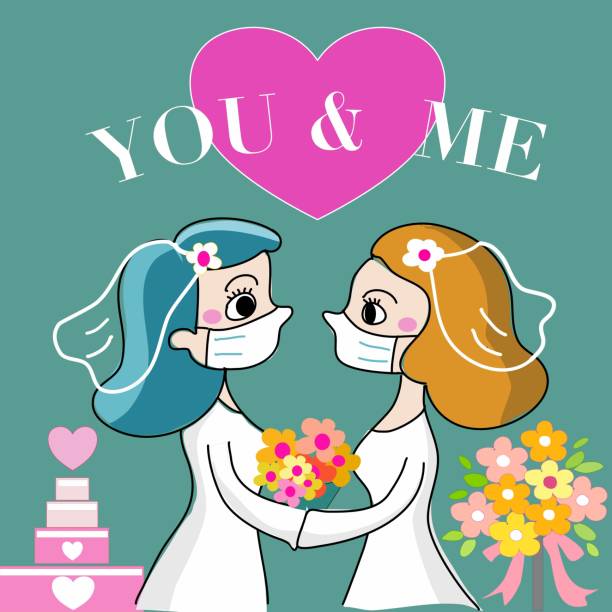 istock lesbian couples bride and groom wearing face masks in wedding in cover-19 1262818778