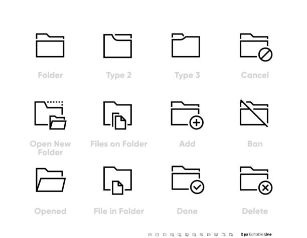 フォルダの行アイコンセット。キャンセル、新しいフォルダを開く、追加、禁止、開いた、ファイル、ベクトル記号、ロゴのイラスト。アウトライン ベクトル シンボル。48x48ピクセル完璧。 - file open paper document点のイラスト素材／クリップアート素材／マンガ素材／アイコン素材