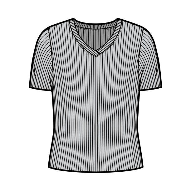 istock Ribbed V-neck knit sweater technical fashion illustration with short rib sleeves, oversized body 1262821185