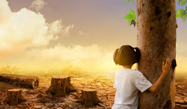 istock Girl hugging a tree on the cracked earth and dead trees background. Global warming. 1262825280