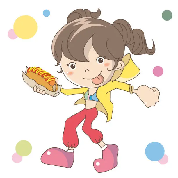 Vector illustration of The woman holding hot dog in hand