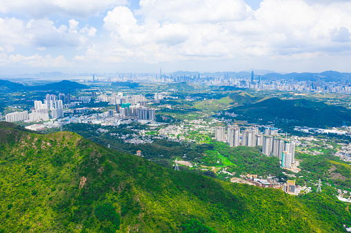 Drone view of Sha Tin district. New territories in Hong Kong