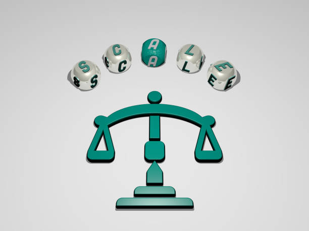 istock 3D representation of SCALE with icon on the wall and text arranged by metallic cubic letters on a mirror floor for concept meaning and slideshow presentation. illustration and background 1262826487