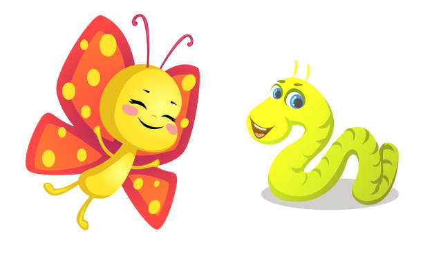 ilustrações de stock, clip art, desenhos animados e ícones de little butterfly and inchworm are friends - inchworm