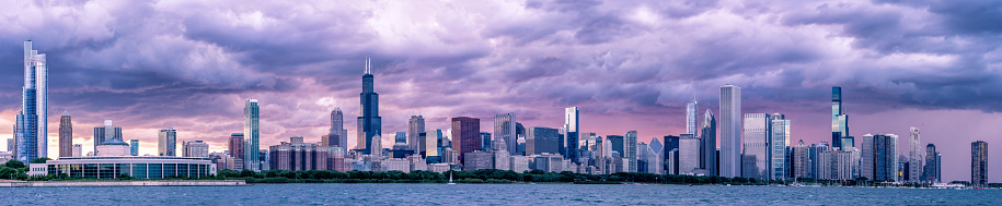 Panorama of Chicago, USA Skyline at Sunset with dramatic clouds