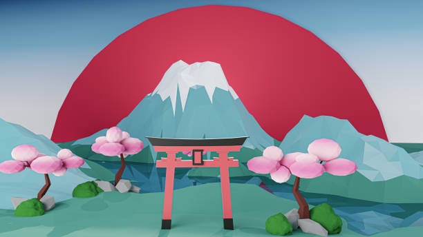 3d rendering. Low poly Island cartoon style of a Japanese.