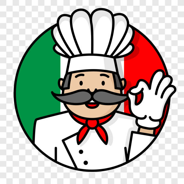 illustrazioni stock, clip art, cartoni animati e icone di tendenza di chef chef italiano cucina con logo bandiera italia isolato su sfondo trasparente - italia immagine