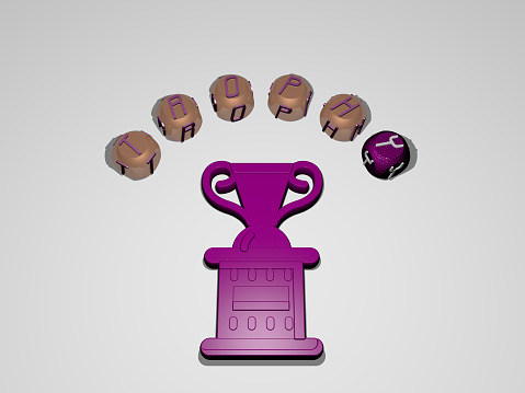 3D graphical image of TROPHY vertically along with text built around the icon by metallic cubic letters from the top perspective, excellent for the concept presentation and slideshows
