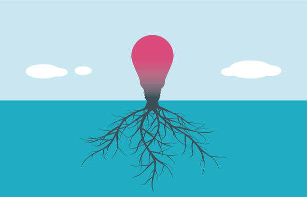 light bulb illustration and painting tree with light bulb roots stock illustrations