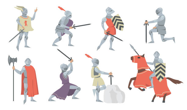 illustrazioni stock, clip art, cartoni animati e icone di tendenza di vari cavalieri medievali set di icone piatte - crociate