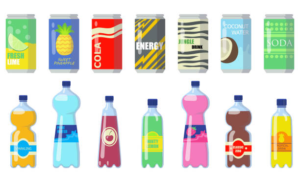 różne napoje w metalowych puszkach i plastikowych butelkach - energy drink bottle drink plastic stock illustrations
