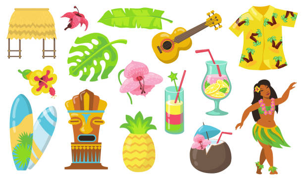 ilustrações de stock, clip art, desenhos animados e ícones de various hawaii symbols flat icon set - native american statue wood carving