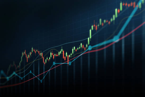 abstrakte finanzgrafik mit aufwärtstrend-kerzenchart am aktienmarkt auf blauem farbhintergrund - börsenkurs grafiken stock-fotos und bilder