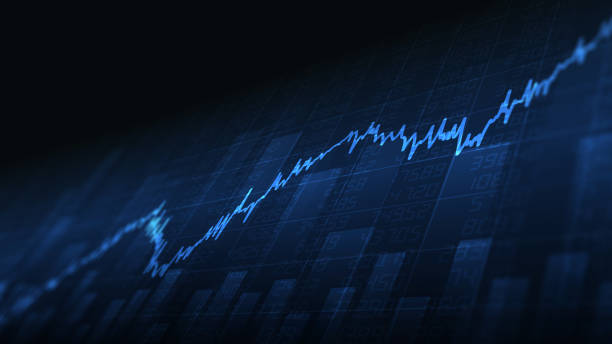 gráfico abstracto de barras financieras con gráfico de línea de tendencia alcista sobre fondo de color azul - mercado bursátil fotografías e imágenes de stock