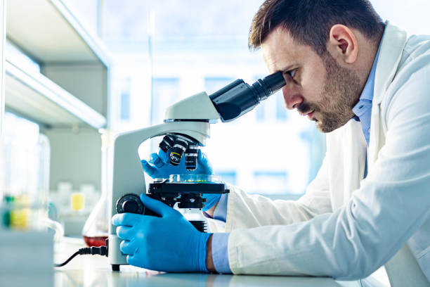 istock Young male scientist working on a microscope in laboratory. 1262840647
