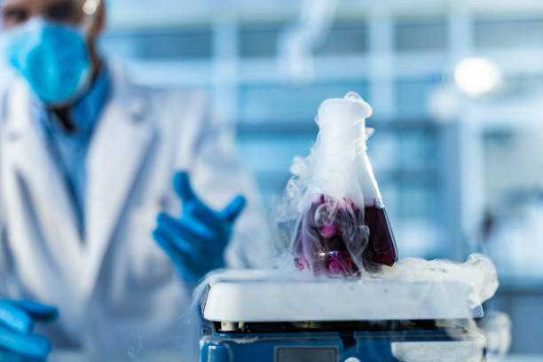 istock Purple liquid in a beaker on magnetic stirrer in laboratory. 1262841343