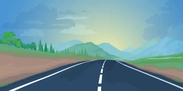 Vector illustration of Highway drive.Vector illustration of a road among the fields and mountains