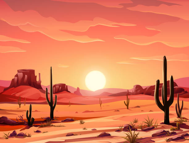 ilustrações, clipart, desenhos animados e ícones de belo pôr do sol do deserto - wild west illustrations