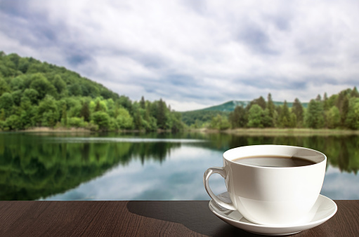 Cup of black coffee or tea with lake in the forest background in Croatia