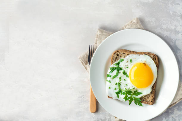 istock Fried Egg on Wholegrain Toast and cup of Coffee for Breakfast. Fried egg with bread on plate over white wooden table, top view, copy space. 1262856454