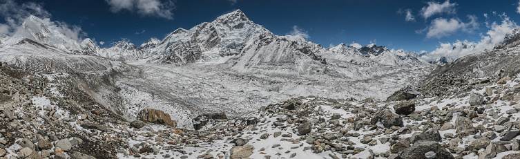 Everest base camp trekking. high mountains in Nepal. Snow summits. blue sky. high altitude landscape. High quality panorama photo