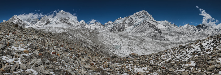 167MPix XXXXL size panorama of Mount Ama Dablam - probably the most beautiful peak in Himalayas. \n This panoramic landscape is an very high resolution multi-frame composite and is suitable for large scale printing\nAma Dablam is a mountain in the Himalaya range of eastern Nepal. The main peak is 6,812  metres, the lower western peak is 5,563 metres. Ama Dablam means  'Mother's neclace'; the long ridges on each side like the arms of a mother (ama) protecting  her child, and the hanging glacier thought of as the dablam, the traditional double-pendant  containing pictures of the gods, worn by Sherpa women. For several days, Ama Dablam dominates  the eastern sky for anyone trekking to Mount Everest basecamp