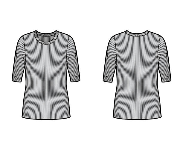 istock Ribbed crew neck knit sweater technical fashion illustration with elbow sleeves, oversized body, tunic length 1262869435