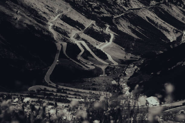 Long winding road at the last part of the Stelvio Pass seen from the top
