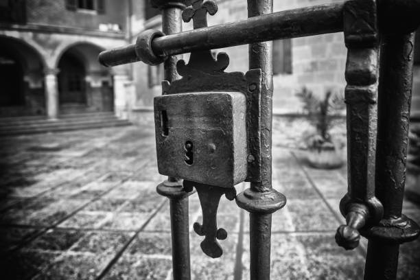 Old metal lock on a door, security detail
