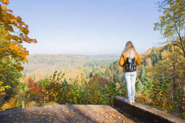 istock Young woman with backpack standing and staring at wide colorful trees valley. Spending time alone and breathing fresh air at natural park in sunny warm autumn day. Back view. 1262871147