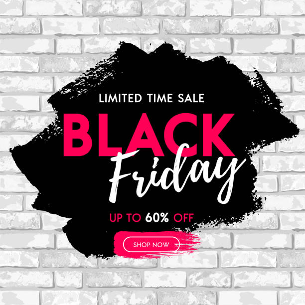 Black Friday sale banner design with black paint stain on white grunge brick wall background. Shop now, limited time sale graphic poster. Vector illustration flyer template, shopping, discount, web Black Friday sale banner design with black paint stain on white grunge brick wall background. Shop now, limited time sale graphic poster. Vector illustration flyer template, shopping, discount, web. friday illustrations stock illustrations