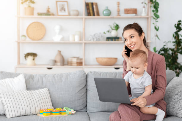 istock Irresponsible Babysitter. Young Nanny Talking On Cellphone And Ignoring Baby Using Laptop 1262877860