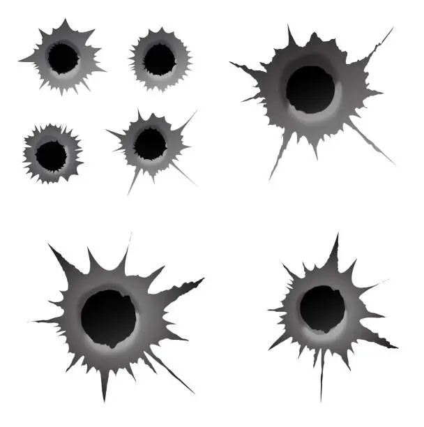 Vector illustration of Bullet hole on white background. Set of realisic metal bullet hole, damage effect. Vector illustration.