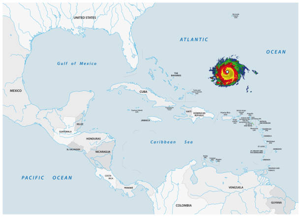 schematyczna mapa wektorowa fikcyjnego huraganu w ameryce północnej i środkowej - hurricane florida stock illustrations