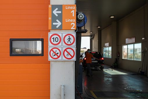 Gallur, Aragon, Zaragoza, Spain - July 27, 2020: Station number 5011 for Technical Vehicle Inspection (ITV). Gallur ITV station, Zaragoza province, in the Monte Blanco industrial estate.