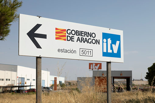 Gallur, Aragon, Zaragoza, Spain - July 27, 2020: Station number 5011 for Technical Vehicle Inspection (ITV). Gallur ITV station, Zaragoza province, in the Monte Blanco industrial estate.