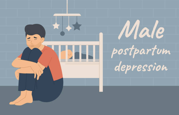 Male Postnatal depression, sad man sits near baby Male Postpartum postnatal depression PPD. Tired sad man sits near the cradle with a newborn baby. The young father is on the floor and hugs his knees. Flat vector illustration on a blue background crying baby cartoon stock illustrations