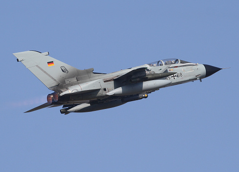 Buchel, Rhineland Palatinate, Germany - 03.23.2011 : A German PA200 Tornado IDS taking off with afterburner from the Büchel air base in the \