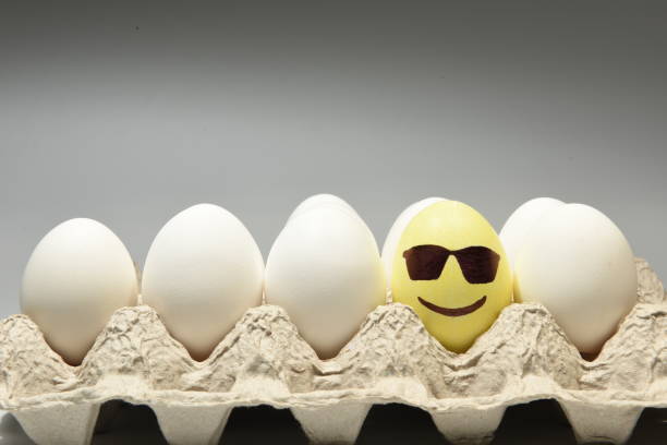Cool smiley face with shades on an egg shell Illustration of smiling face wearing sunglasses on an eggshell placed in an egg tray along with other white egss sabby stock pictures, royalty-free photos & images