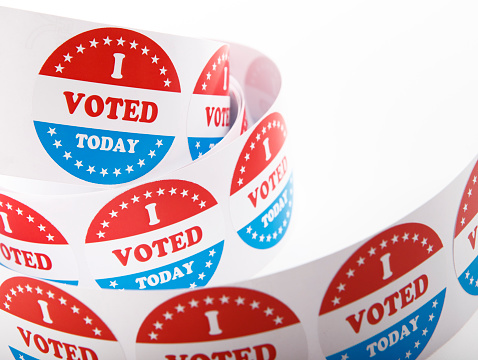 Vote political election stickers with patriotic American Stars and Stripes on white background