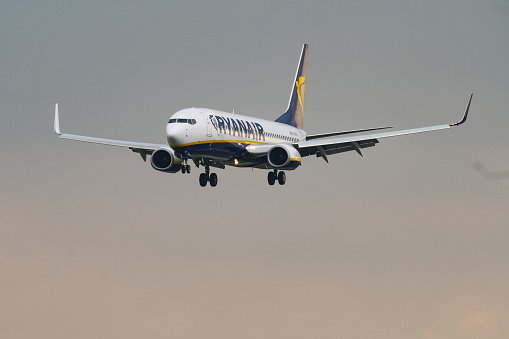 Hahn, RPL, Germany - A Boeing 737 from the low cost airline Ryanair lands at Hahn aiport