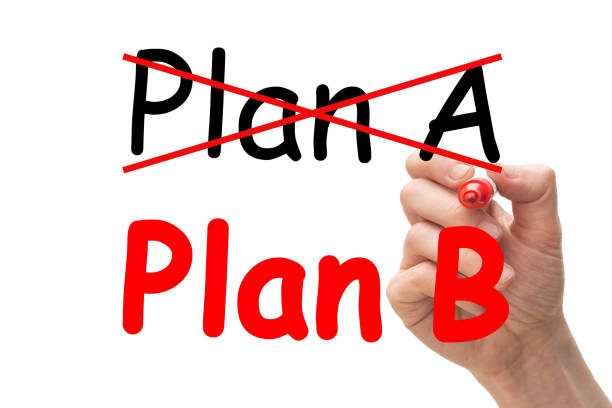 Plan B concept. Male hand erasing the words Plan A and replacing with Plan B on a whiteboard stock photo