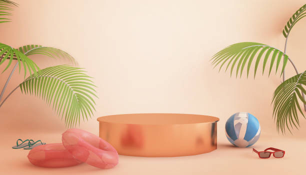 istock Beach stage podium or product stand on pastel background with summer  props concept. Creative product shelf for presentation for summer sale template. 3D rendering. 1262893214