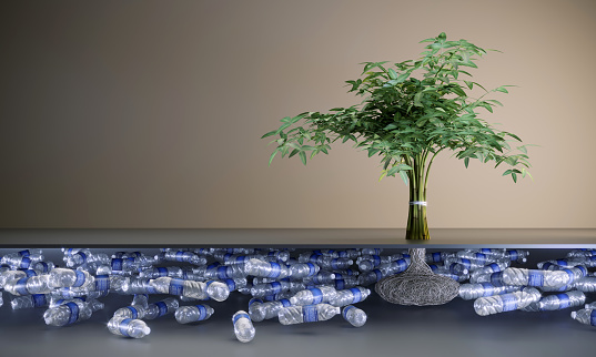 A plant with its dried root below the ground with the plastic bottles, symbolizing environmental pollution. (3d render)