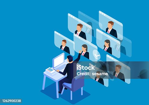 istock Isometric video conference, online conference work, online communication 1262900238