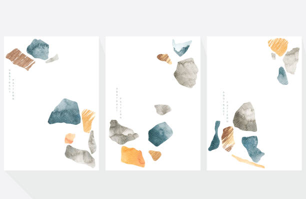 istock Abstract art background with Japanese wave pattern vector. Watercolor painting brush stroke texture decoration template illustration. Stone and rock elements in Asian style. 1262902725